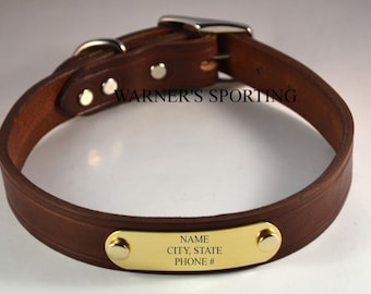 Warner Cumberland Brand leather dog collar with free brass id tag USA