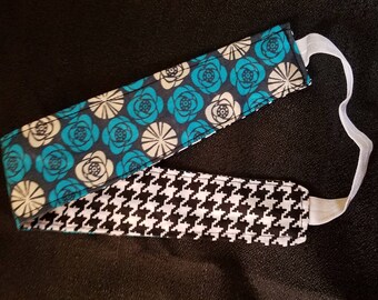 Houndstooth and Blue Flower Reversible Headband