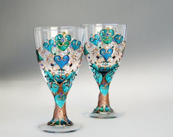 Goblets, Tree of Life Glasses, Wine Glasses, Wedding Glasses, Anniversary Glasses, Hand Painted Set of 2