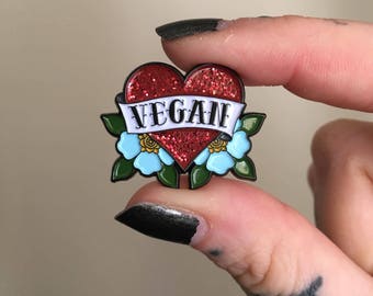 Red Glitter Vegan Tattoo Heart Enamel Pin