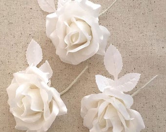 White Satin Roses 3 Vintage Millinery Flowers 1940s East Germany VAT021