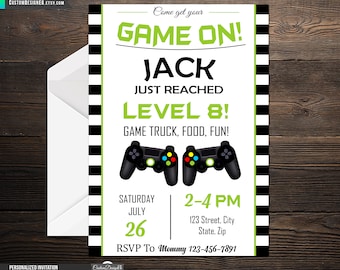 Video Gamer Birthday, Game Truck Party, Gamer Invite, Green Black Controller