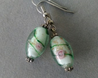 Mint Green, Gold, and Pink Rose Lampwork Glass Earrings