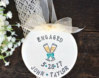 Personalized Engagement Ornament - Champagne Toast Ceramic Ornament, Wedding Ornament, Engagement Gift Idea , Gift for Couple