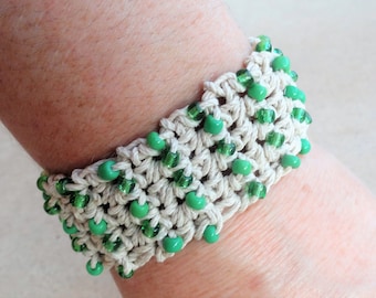 Handmade Crocheted Hemp Bracelet with Green Beads By Distinctly Daisy