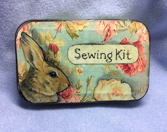 Cute Bunny Rabbit, Travel Sewing Kit, Altered Altoid Tin, Up-cycled art by Melody Lea Lamb