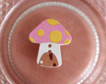 button mushroom pink and yellow wood