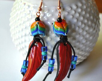 Red Feather Earrings, Ceramic Earrings, Rainbow Earrings, Lampwork Glass Earrings, Colorful Earrings, Boho Chic Earrings, Long Earrings
