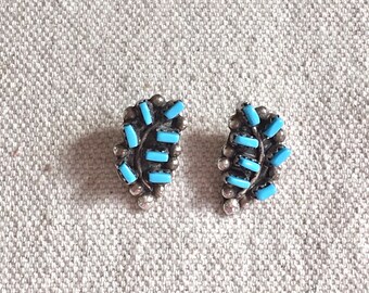 Vintage Zuni Sterling Petit Point Sleeping Beauty Turquoise Earrings in Leaf Motif