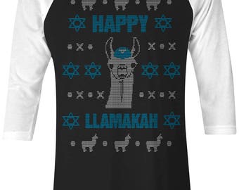 Happy Llamakah Llama Hanukkah Ugly Sweater Unisex Adult Raglan T-Shirt