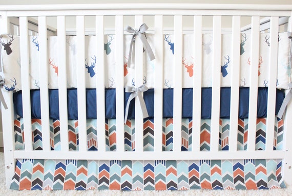 Woodlands Nursery Crib Bedding Set Baby Boy Deer Buck Blue Fitted Sheet Navy Mint Orange Bumper Pad Arrow Skirt