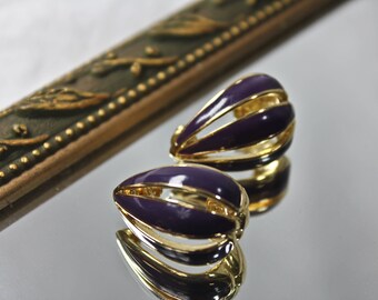 Vintage 1980s Trifari Earrings, c1980s, Vintage Trifari Gold and Purple Enamel Earrings, Retro '80s Fashion Earrings