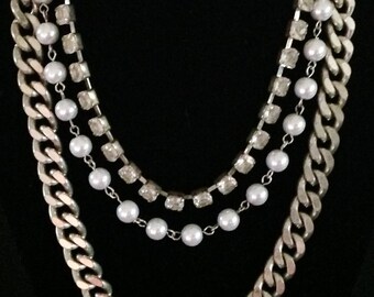 Vintage Triple Strand Pearl & Rhinestone Necklace