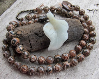 SALE dZi Agate and Amazonite Necklace || dZi Agate Stones | Amazonite Carved Leaf Pendant | Earthy | Organic | Hand-knotted Necklace | Zen