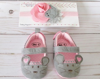 Baby Shoes Pip Squeak Mouse headband & shoe set 6-9 Month SIZE girl pink grey shoes velcro mary jane new baby trendy girl shower gift