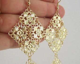 Medium Gold Chandelier Earrings, Gold Earrings, Wedding Jewelry, Bridesmaid Gift, Bride Gift, Gold Filigree Earrings, Bridal Gift