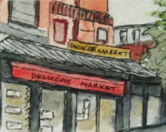 Boston Watercolor Painting Pen Ink Deluca's Market Newbury St Boston Artist Trading Note Card Gift Set Original Landmark Kathleen Daughan