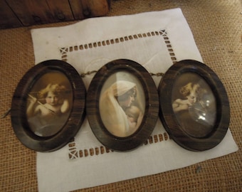 Vintage Tin Trio Frame / Mother Mary and Child, Cupid Awake, Cupid Asleep / Antique Sepia Photographs / Original Tin Frames