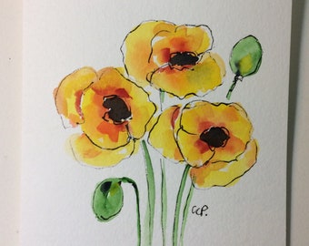 Yellow Poppies Watercolor Card / Hand Painted Watercolor Card