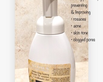 Deep cleansing organic, Tea Tree + Lavender Foaming Cleanser for rosacea, acne, black heads, white heads and uneven skin tone.