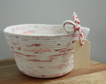Basket rope coil natural thread painted coral blush bin storage organizer bowl wooden tag by PETUNIAS