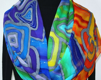 Red Blue Green Silk Scarf Handpainted Handmade Shawl RETRO REVAMPED, Silk Scarves Colorado. Select Your SIZE! Birthday Gift, Christmas Gift