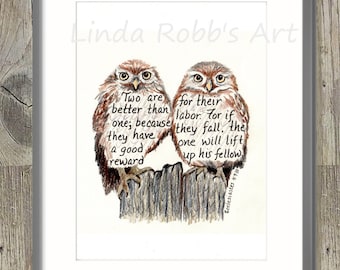 Two cute owls, Bible Verse art print, scripture design, hand lettered typography, wall art decor