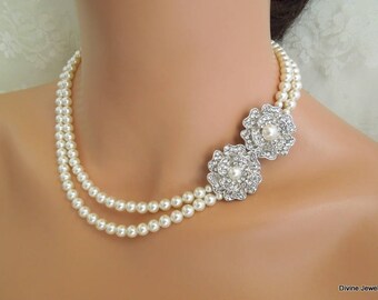 Pearl Necklace, Bridal Pearl Necklace, Bridal Rhinestone Necklace, Pearl Rhinestone Necklace, wedding pearl Necklace, crystal necklace, LARA