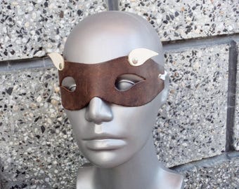 Vintage Leather Masquerade Mask, Genune Leather Eye Mask, Carnival Mardi Gras Domino, Brown White Masquerade Mask, Vintage Carnival Mask
