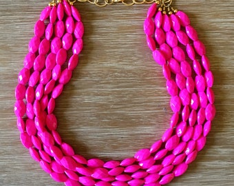 Pink Bead Necklace - Beaded Statement Necklace MultiStrand in Pink