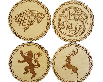 Game of Thrones Inspired Wooden Coasters - Set of 4 Main House Sigils - Maple Wood Veneer