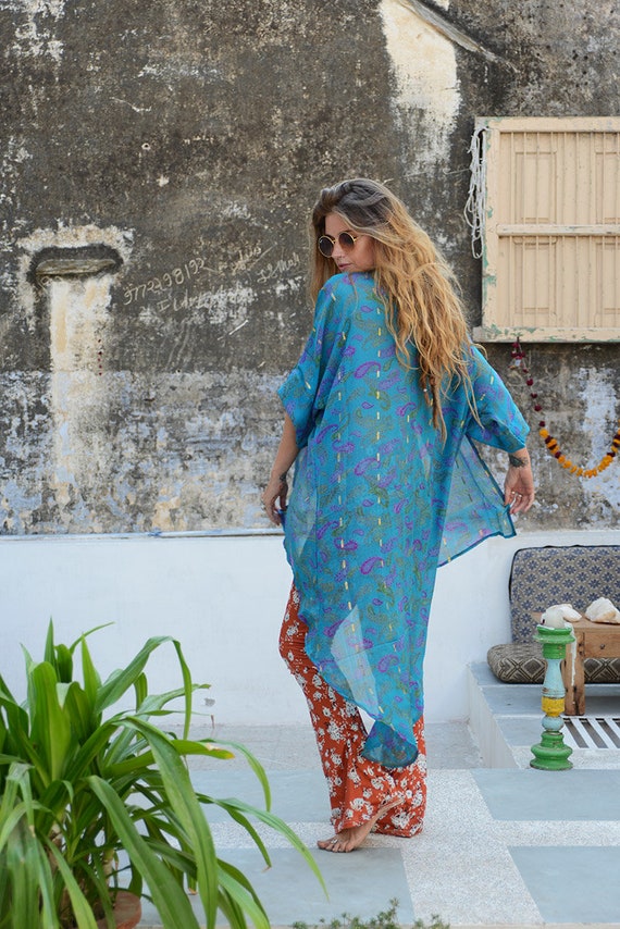 BLUE PAISLEY KIMONO - A symmetrical Kimono - Silk Cover Up - Beach - Kaftan - Summer - Festival fashion - Maxi dress - Upcylce - 60's - 70's
