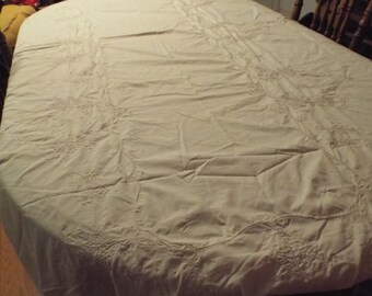 Embroidered Tablecloth Cottage Chic Ivory Buffet Style