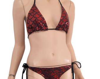 Red Metallic Glitter Mermaid Scales Bikini Bra Top Tie Waisted Rave Set MTCoffinz - Ready to Ship