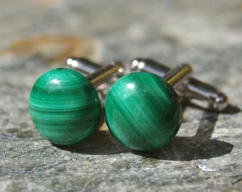SALE! Cufflinks, Malachite and Sterling Silver Cufflinks - Gifts for Men, Wedding, Father's Day, Gift for Dad, Groomsman Gift, Teacher Gift