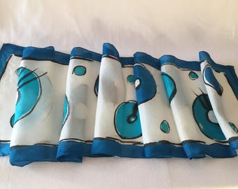 Hand painted silk scarf, blue, turquoise, abstract, fun design on habotai silk