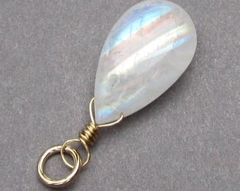 Moonstone Charm, Rainbow Moonstone Charm, Moonstone Pendant, 14k Gold Fill Wire Wrapped Dangle Pendant, Necklace Charm, Stone 366