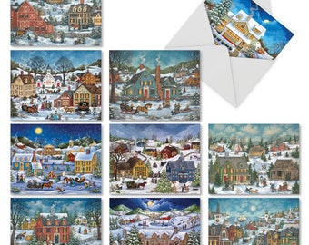 M5080XSG-B1x10 Old Town Christmas: 10 Assorted Christmas Cards Featuring Vintage Themed Images of A Sleepy Christmas Town, with Envelopes.