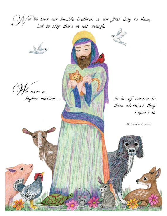 St. Francis of Assisi quote with animals illustrated 8x10