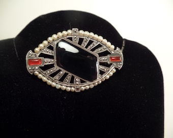 Art Deco Brooch with Onyx, Carnelian, Marcasite-Made in France