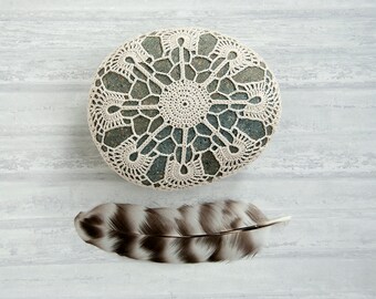 crochet lace stone, crochet covered rock, tabletop decor, natural cotton thread, bowl element, paperweight, fiber art, ring bearer pillow