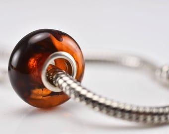 Genuine Natural Baltic Amber Cherry Color Sterling Silver European Bead Charm