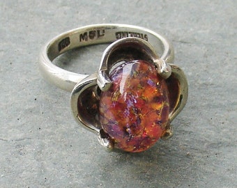 Sterling Silver Ring Vintage Dragons Breath Foiled Opal Signed Size 7