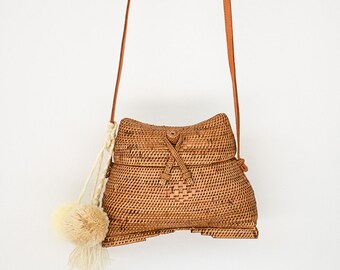 Round Rattan Crossbody Bag Personalized Leather Hand-bag Crossbody Customised Personalised Circle Travel Holiday Luxury Ata Black Lining