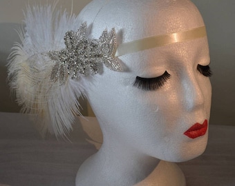 1920's Vintage Style Headpiece Silver & Diamante Ivory Feathers Head Flapper Great Gatsby Weddings Hats New Year's 1920's Party