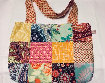 Patchwork fabric tote bag with magnetic snap