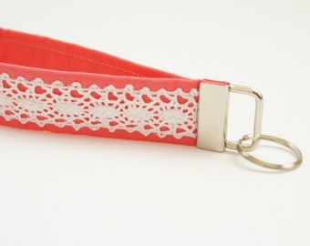 Bright Coral and Lace Key Fob - 5 Inch Loop - Key Ring - Key Wristlet - Key Chain - Fabric Keychain - Cute Key Fob - Short Wrist Lanyard