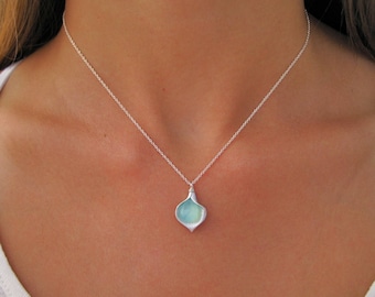 Silver Petal Necklace with Aqua Chalcedony Accents