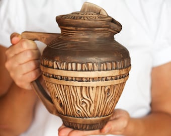Woodland pitcher Ceramic pitcher Wine pitcher Pottery pitcher Bark pitcher Rustic pitcher Water pitcher Farmhouse decor Handmade jug