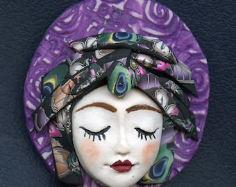Caned hat face cab OOAK Detailed Purple, Blue , Abstract Polymer clay ANPW 1